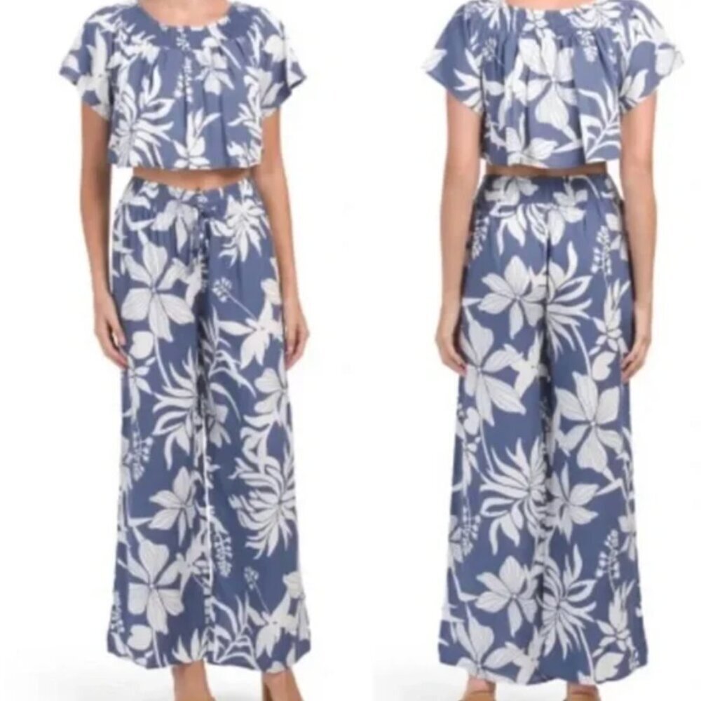 Kiwi & Punch Blue White Tropical Two-Piece Set Wide Leg Crop Coastal Resort Chic - Picture 9 of 9